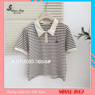 Áo PoLo Kẻ Sọc Thêu Gấu Tim Đơn Giản Dễ Mặc A.studio QC Minxu Shop POLO12
