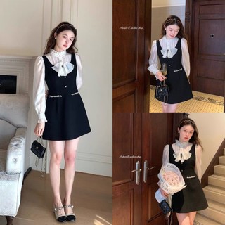 [Hàng Shop]: Váy Dạ Tex 2 Lớp Nơ Cổ Phối Tơ Óng Tay Bồng Khuy Cúc Tiểu Thư
