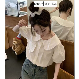 Áo sơ mi trắng dáng ngắn cổ bèo tay phồng phối túi hộp phong cách thời trang kiểu Pháp