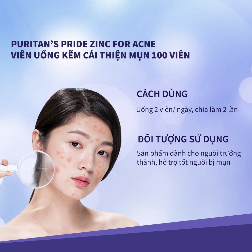 Viên uống bổ sung kẽm Zinc For Acne 100 viên Puritan s Pride giảm mụn nội