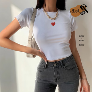 Áo Croptop Ôm Body Nữ In Chữ Trái Tim Cổ Tròn Tay Ngắn, Áo Thun Croptop Kiểu Sexy In Basic RESU