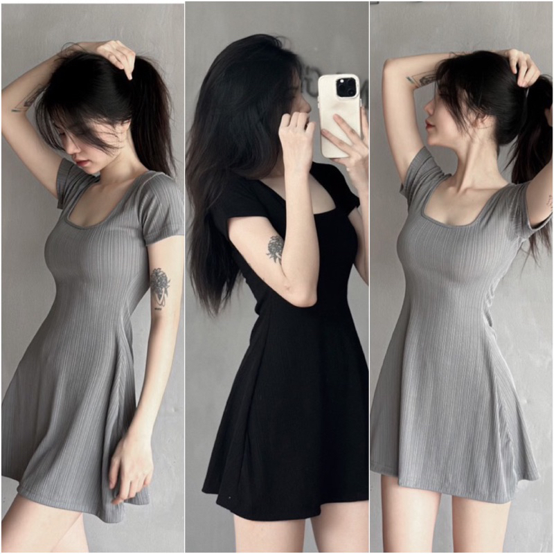 Đầm body nữ tay ngắn cổ vuông, váy nữ dáng ngắn xoè A chất gân thái mềm mịn co dãn ôm body tôn dáng HV399 | BigBuy360 - bigbuy360.vn