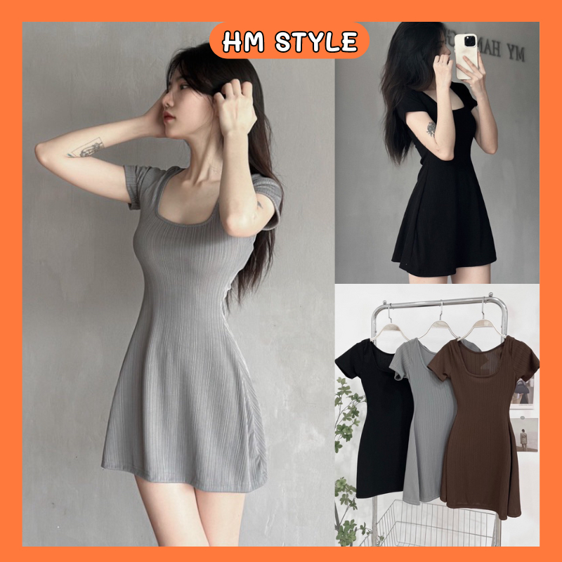 Đầm body nữ tay ngắn cổ vuông, váy nữ dáng ngắn xoè A chất gân thái mềm mịn co dãn ôm body tôn dáng HV399 | BigBuy360 - bigbuy360.vn
