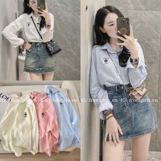 Áo sơ mi nữ thêu gấu, áo sơ mi dài tay oversize vải mát from_girls - SM246