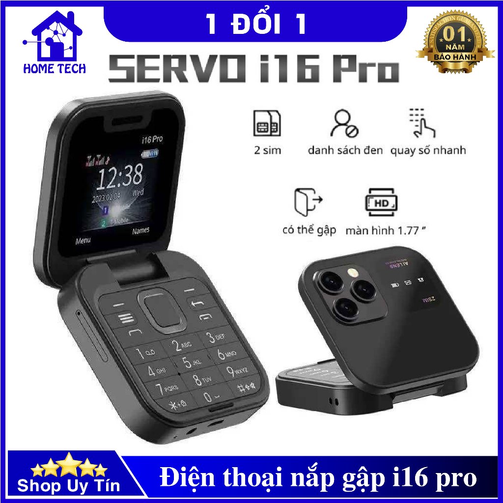 Điện thoại mini nắp gập i16 Pro 3 mắt siêu đẹp, 2 sim, loa to pin bền sóng khỏe cho người già trẻ em, quay số nhanh