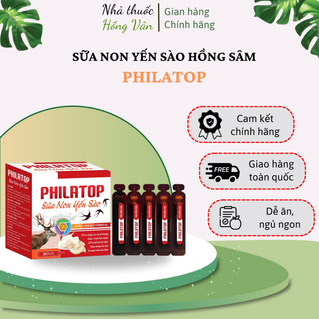 Philatop Sữa Non Yến Sào với thành phần, yến sào,hồng sâm, giúp giúp ăn ngủ ngon, nâng cao sức đề kháng hộp 20 ống