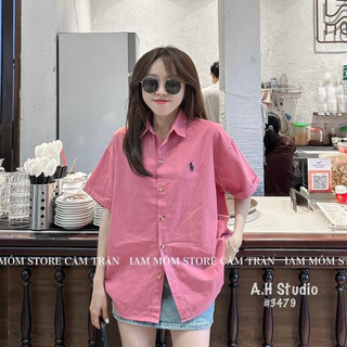 Áo sơ mi nữ ngắn tay thêu ngựa vạt tôm, sơ mi thô thêu ngựa tay ngắn form rộng trẻ trung năng động mã 3479