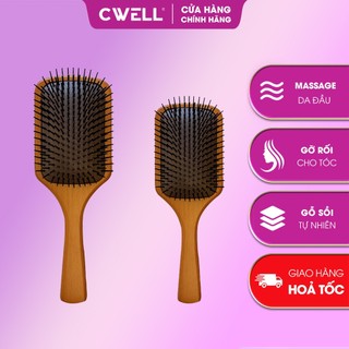 Lược chải tóc gỡ rối CWell, lược massage có đệm khí, tạo phồng cho tóc xoăn chất liệu gỗ sồi C03PK