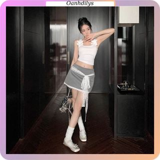 Sét áo 2 dây đính nơ + chân váy chữ A dáng ngắn buộc dây nơ ren, sét đồ nữ hàng order Taobao nhà Oanhdilys