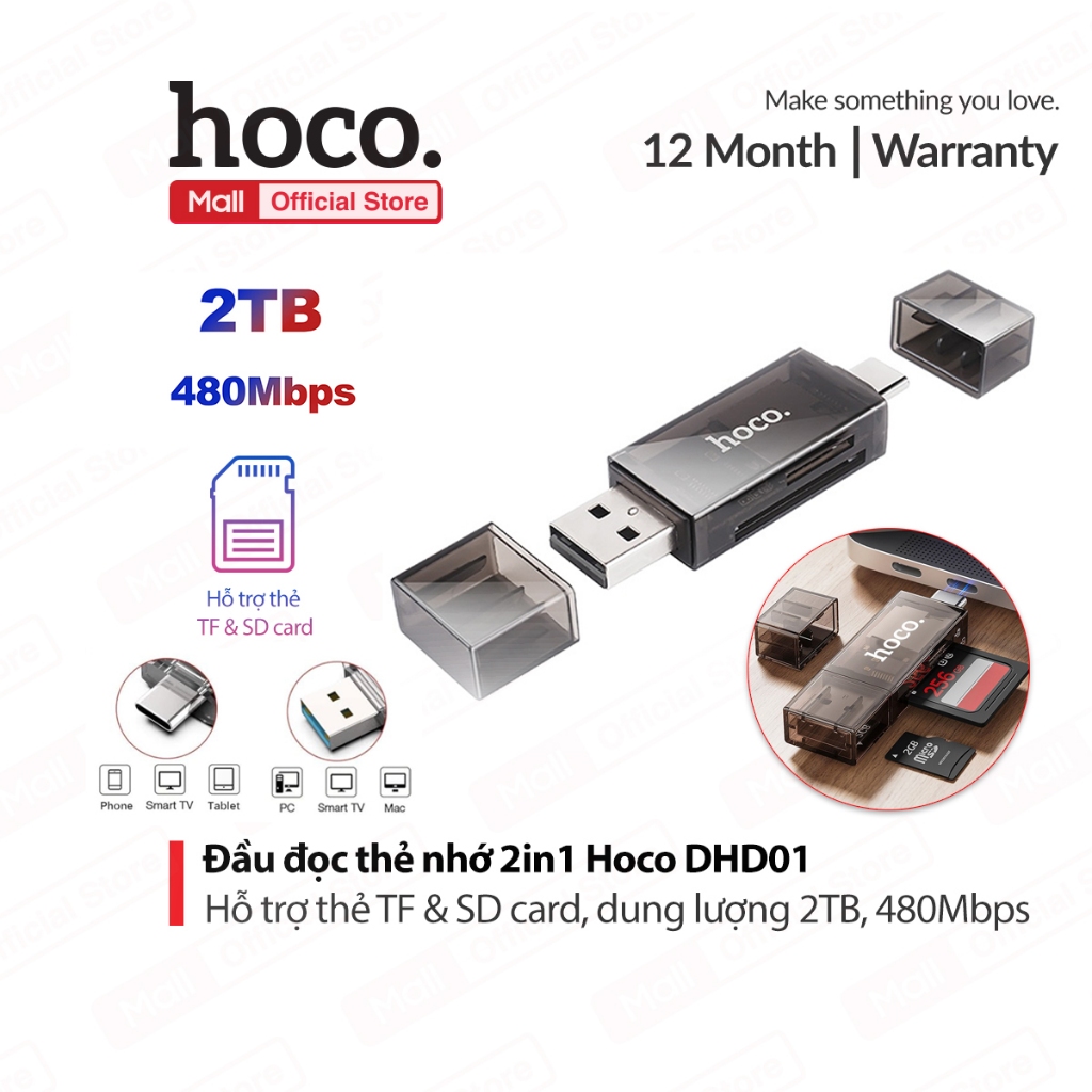 Đầu đọc thẻ nhớ 2IN1 Type-C/USB to SD/TF Hoco DHD01 dung lượng 2TB ,tốc độ truyền 480Mbps, nhỏ gọn tiện lợi