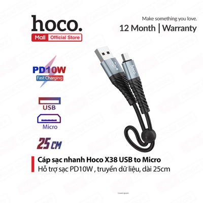 Cáp sạc nhanh PD10W Hoco X38 Micro truyền dữ liệu , siêu bền cho Android, dây dù dài 25CM