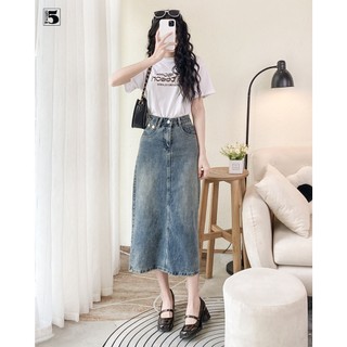 Chân váy jeans nữ Twentyfive dáng dài midi xẻ sau, 2 đỉa cạp cách điệu 5684