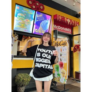 Áo Thun BOXY YOUTH CAPITAL in nổi nam nữ cổ tròn oversize cotton 2 chiều,Áo thun nam nữ from rộng mặc cặp,nhóm