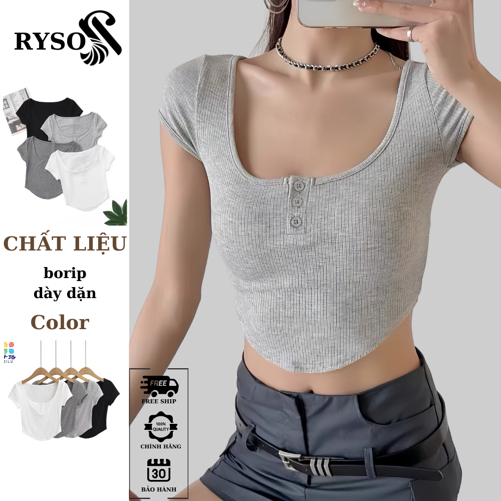 Áo Croptop Trơn Vạt Bầu Ôm Body Cổ Vuông Tròn Tay Ngắn, Áo Thun Ôm Kiểu Sexy Basic Dễ Phối RYSO FASHION