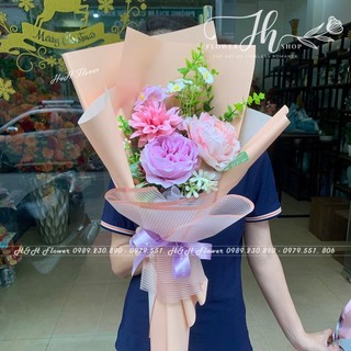 Hoa bó tone tím hồng - hoa lụa giá rẻ cao cấp hà nội