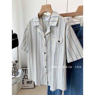 A255 Áo sơ mi cổ kẻ sọc tay lỡ dáng suông cổ vest, áo sơ mi kiểu Hàn Quốc