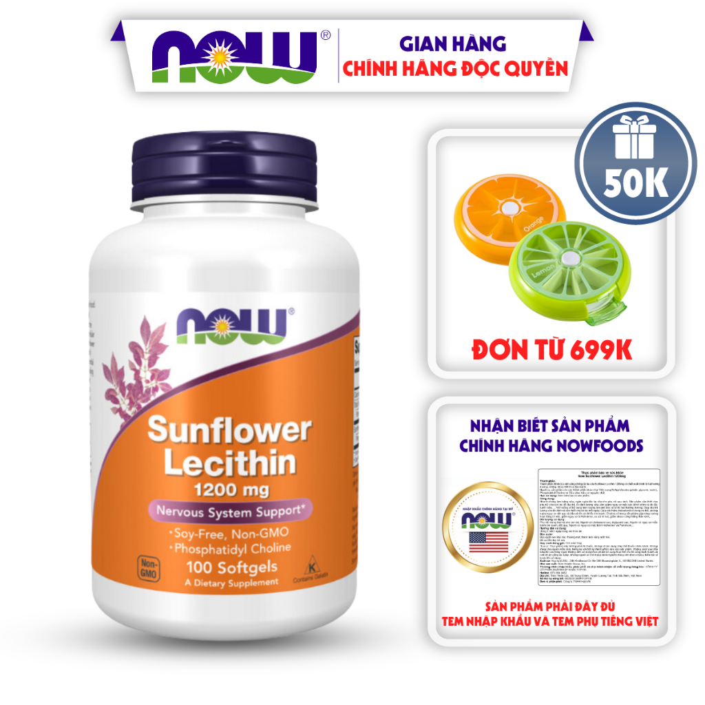 Chống tắc tia sữa Sunflower Lecithin 1200mg Now làm loãng sữa, ngăn ngừa tắc tia sữa cho phụ nữ sau sinh 100 viên