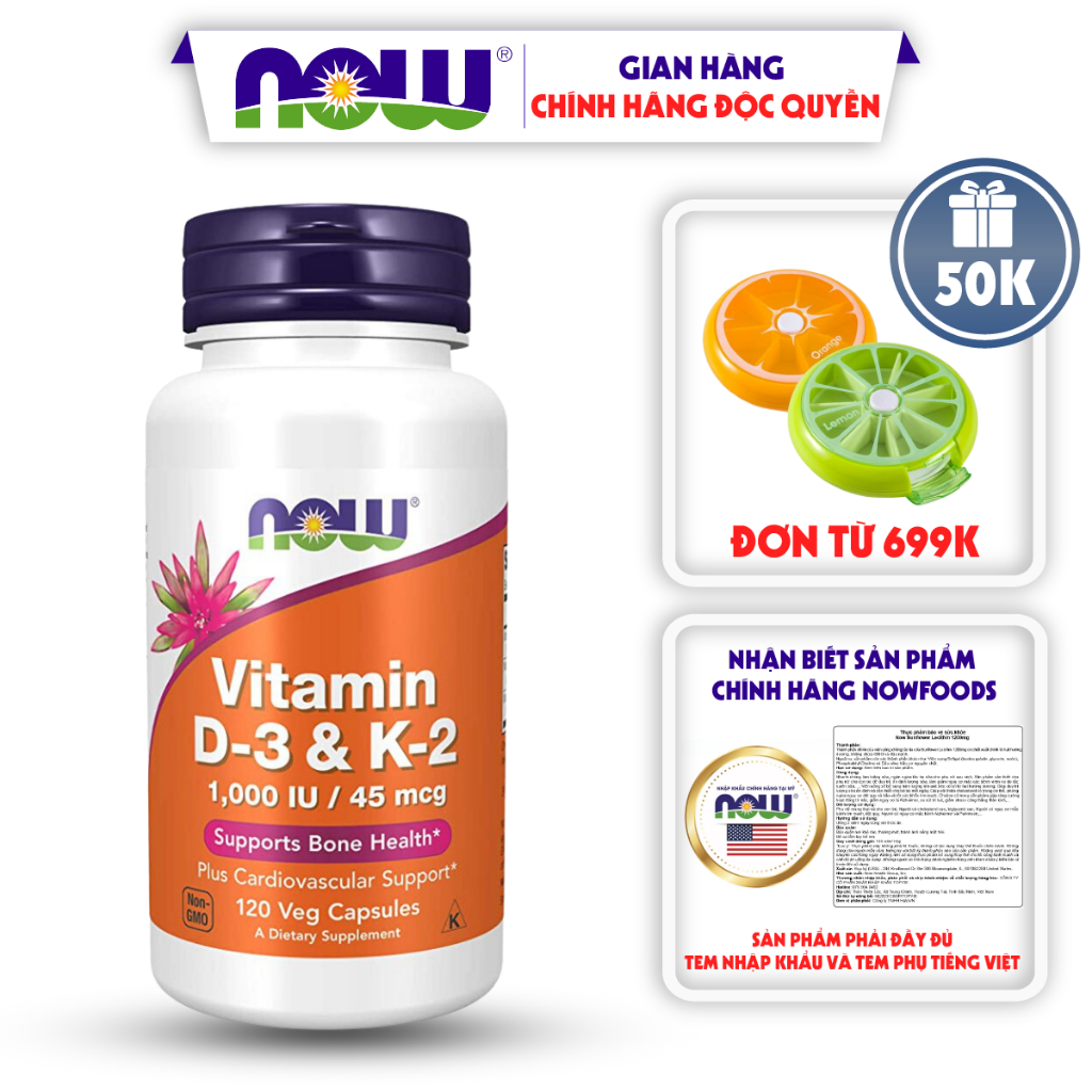 Viên uống Now Vitamin D3 K2 1000 IU 45 mcg của Mỹ hỗ trợ cho xương chắc khỏe 120 viên