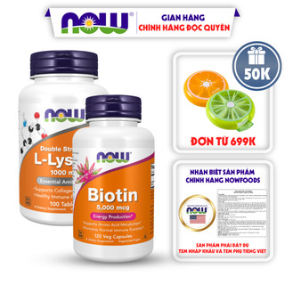 Combo ngăn ngừa rụng tóc, kích thích mọc tóc, đẹp da và tăng sinh collagen Now Biotin 5000mcg + Now L-Lysine 1000mg