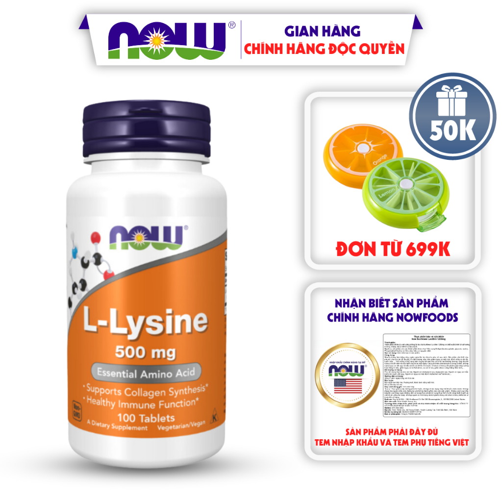 Viên uống Now L-Lysine 500mg hỗ trợ miễn dịch giảm mụn tổng hợp collagen 100 viên
