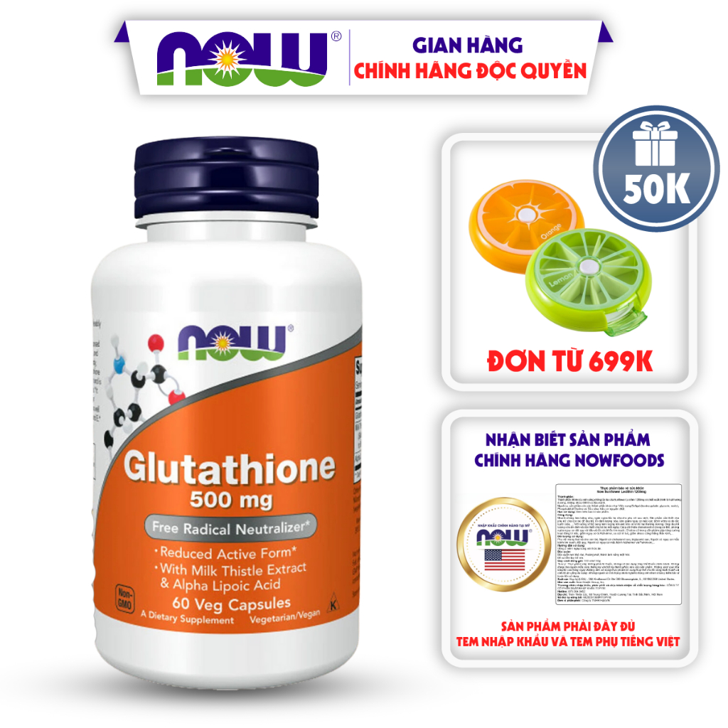 Viên uống Now Glutathione 500mg hỗ trợ trắng sáng da giúp da đều màu 60 viên