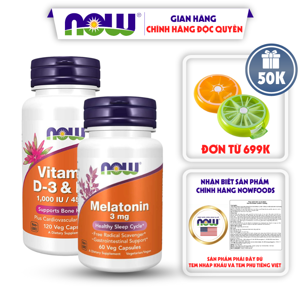 Combo giảm tình trạng mất ngủ, tăng cường sức khỏe xương khớp và tim mạch cho người cao tuổi Melatonin 3mg + D-3 & K-2