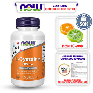Viên uống Now L-Cysteine 500mg With Vitamin B-6 & C của Mỹ giảm mụn, sáng da, giúp tóc & móng khoẻ 100 viên