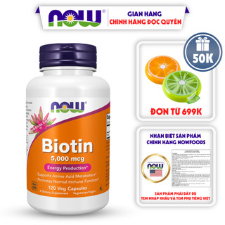 Viên uống Now Biotin 5000mcg giảm rụng tóc gãy tóc giúp trắng da 120 viên