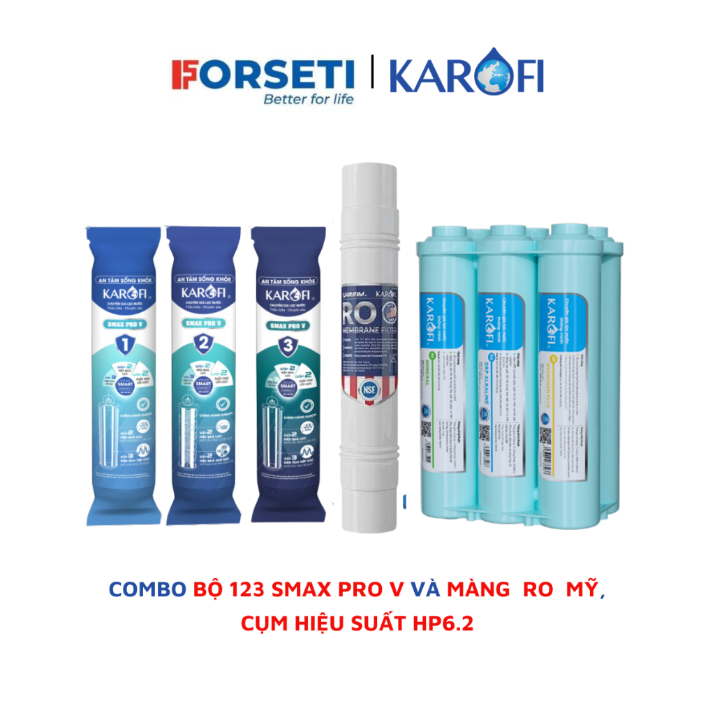 Bộ 10 lõi lọc nước Karofi dùng cho máy lọc nước Karofi KAD-X39, KAD-L56, KAD-X56, KAD-M59,... (123 SMPV, RO Mỹ, HP6.2)