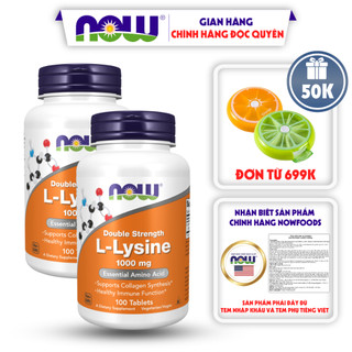 Combo 2 lọ Now L-Lysine 1000mg hỗ trợ miễn dịch, tăng sinh Collagen của Mỹ 100 viên