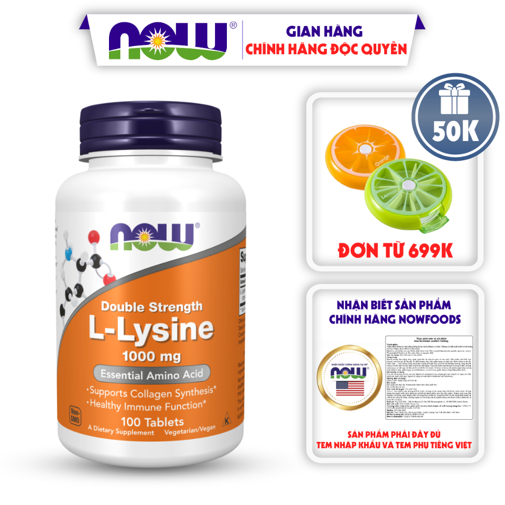 Viên uống hỗ trợ miễn dịch, tăng sinh Collagen Giúp da căng bóng Now L-Lysine 1000mg 100 viên