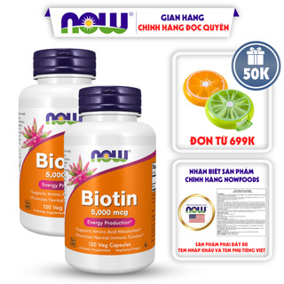 Combo 2 lọ Now Biotin 5000mcg giảm rụng tóc gãy tóc giúp trắng da 120 viên