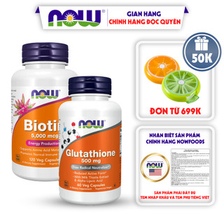 Combo hỗ trợ da tóc móng Now Biotin 5000mcg + Glutathione 500mg hỗ trợ làm đẹp giảm mụn, mọc tóc giảm rụng tóc