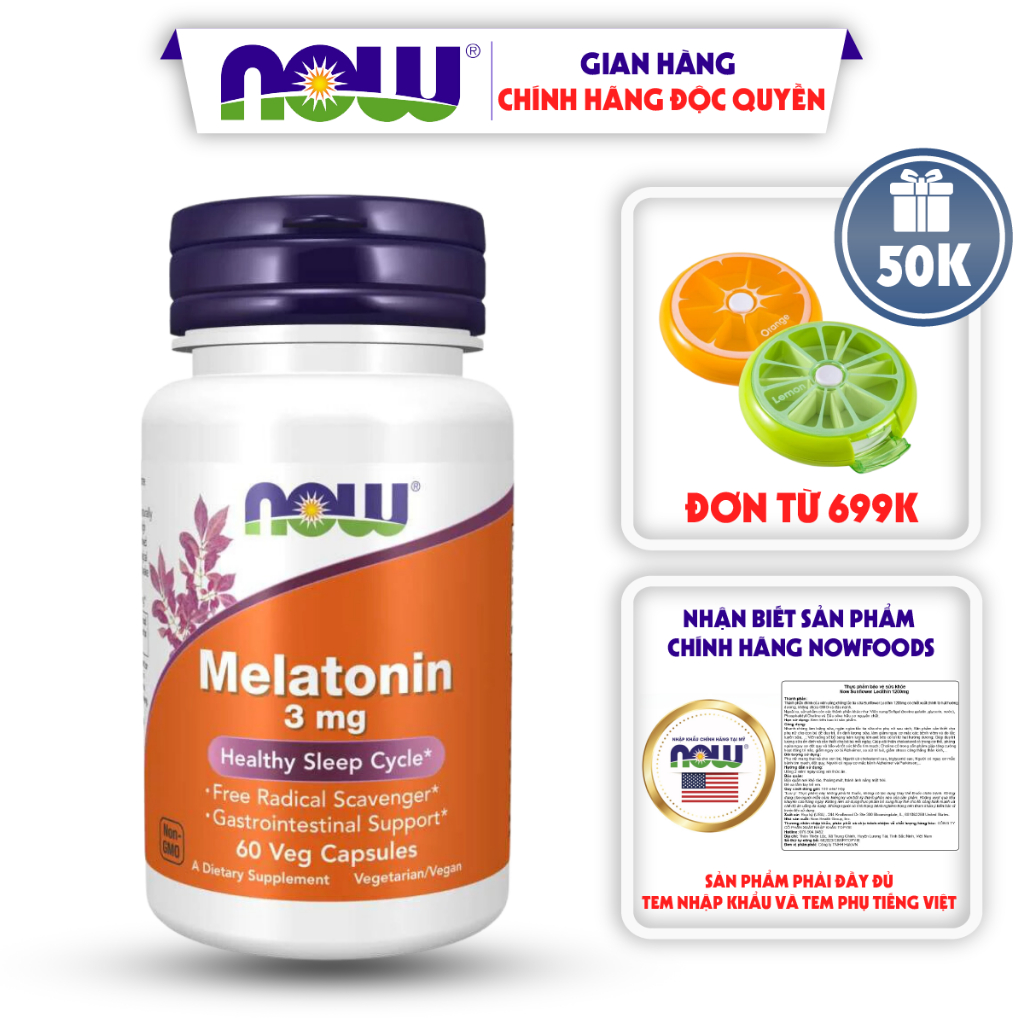 Viên uống Melatonin 3mg Now của Mỹ giúp giấc ngủ ngon không gây mệt mỏi 60 viên