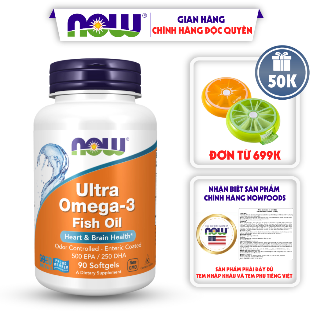 Viên uống dầu cá Now Ultra Omega-3 500 EPA/250 DHA bổ mắt tăng đề kháng 90 viên