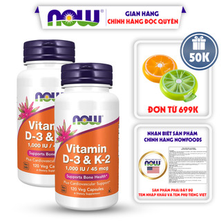 Combo 2 lọ Now Vitamin D3 K2 1000 IU 45 mcg của Mỹ hỗ trợ cho xương chắc khỏe 120 viên