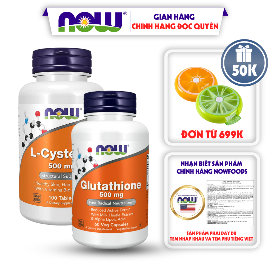 Combo hỗ trợ trắng da giảm mụn nám tàn nhang L-Cysteine 500mg + Glutathione 500mg