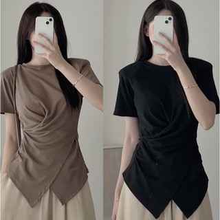 Áo thun nữ xoắn eo hai vạt chéo cổ tròn
