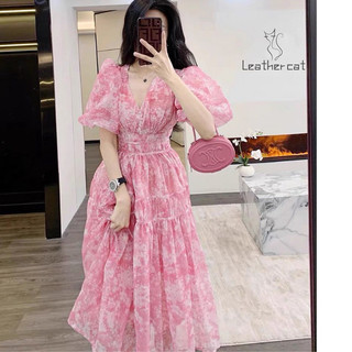 Đầm nữ dáng dài bo eo in hoa tay phồng cổ V 2 lớp siêu xinh,tiểu thư (L1-kèm ảnh thật)