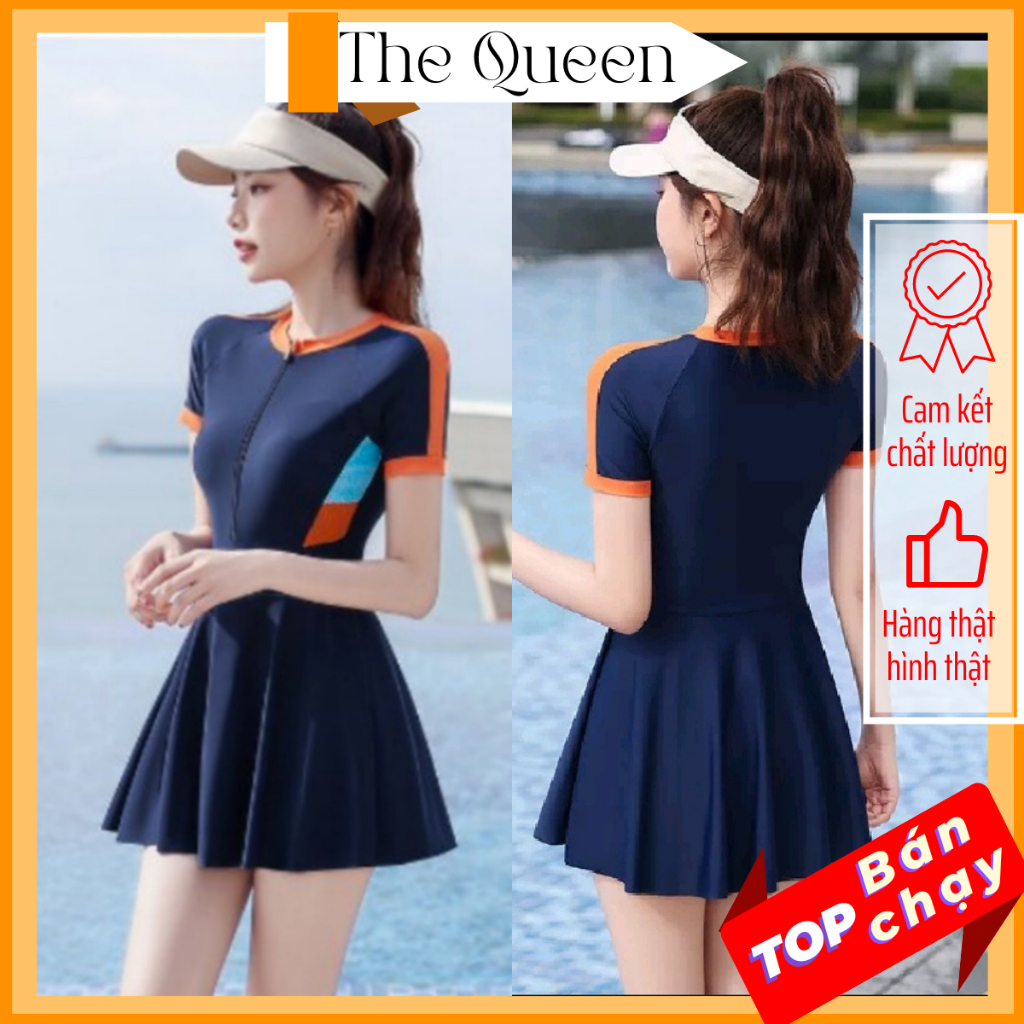 [Size S - 2XL] Bikini liền thân đồ bơi nữ một mảnh dạng váy đi biển áo tắm khóa zip tay cọc xinh xắn The Queen 082 | BigBuy360 - bigbuy360.vn