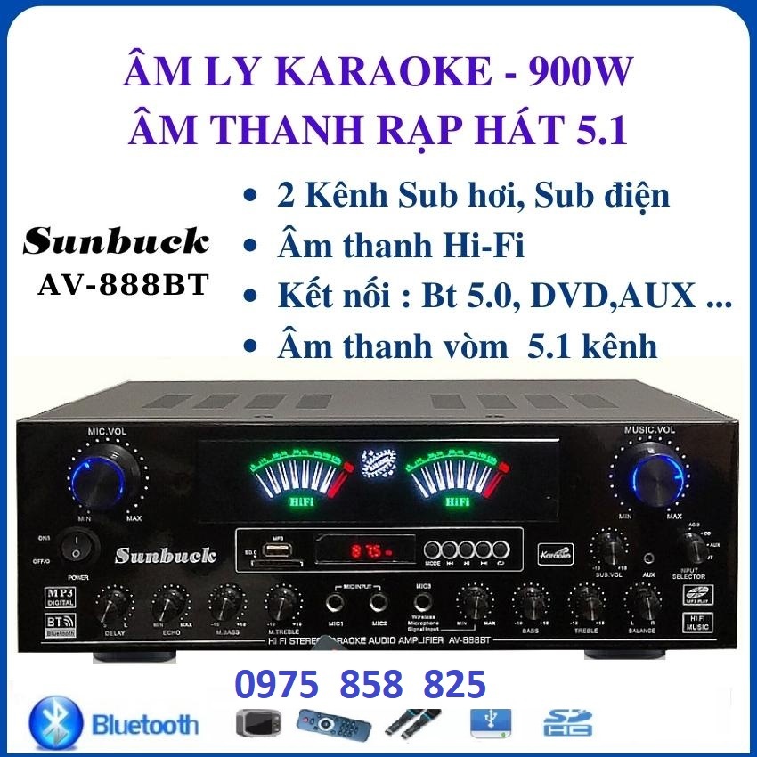 âm ly karaoke amply sunbuck AV 888BT .am ly karaoke bluetooth gia đình công suất lớn, âm thanh đỉnh