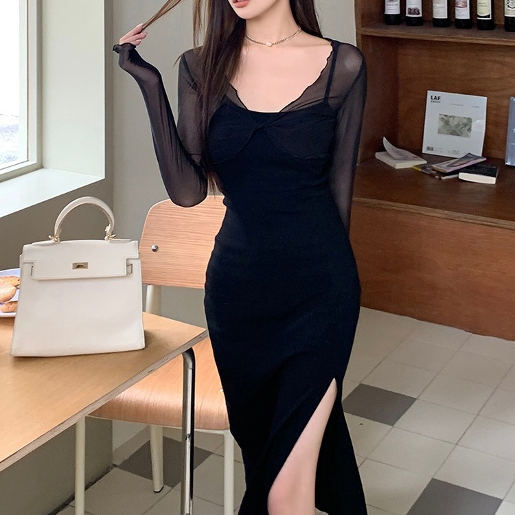 Đầm Ôm body Dự tiệc Sexy Dáng dài Phối Tay lưới dài Xẻ tà Váy đầm Đi tiệc cưới Sự kiện event Sexy