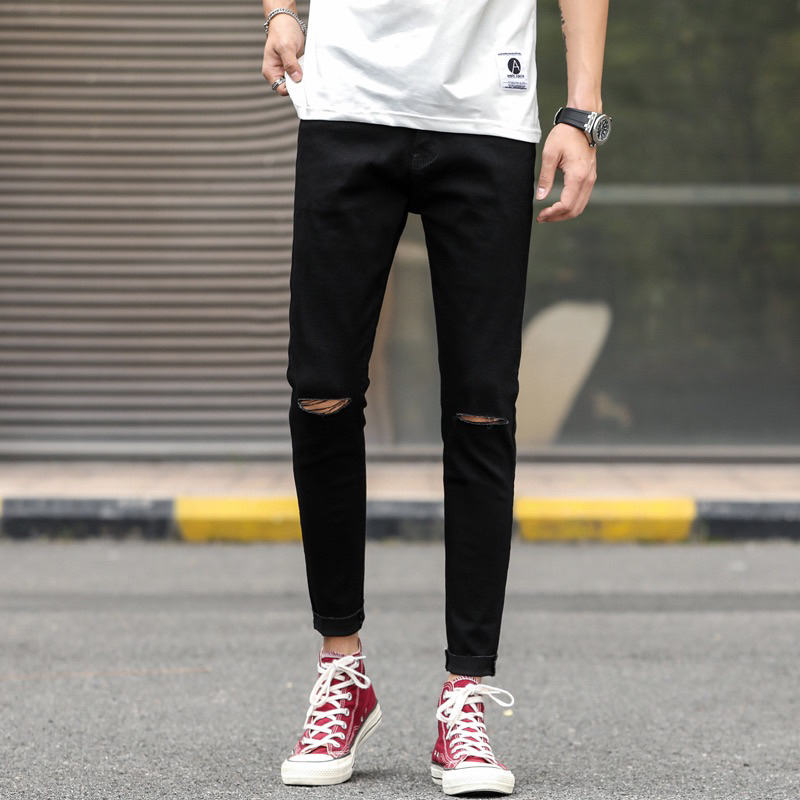 Quần Jean Nam , màu đen , phong cách hàn quốc , rách gối , chất liệu co giãn tốt kiểu dáng skinny