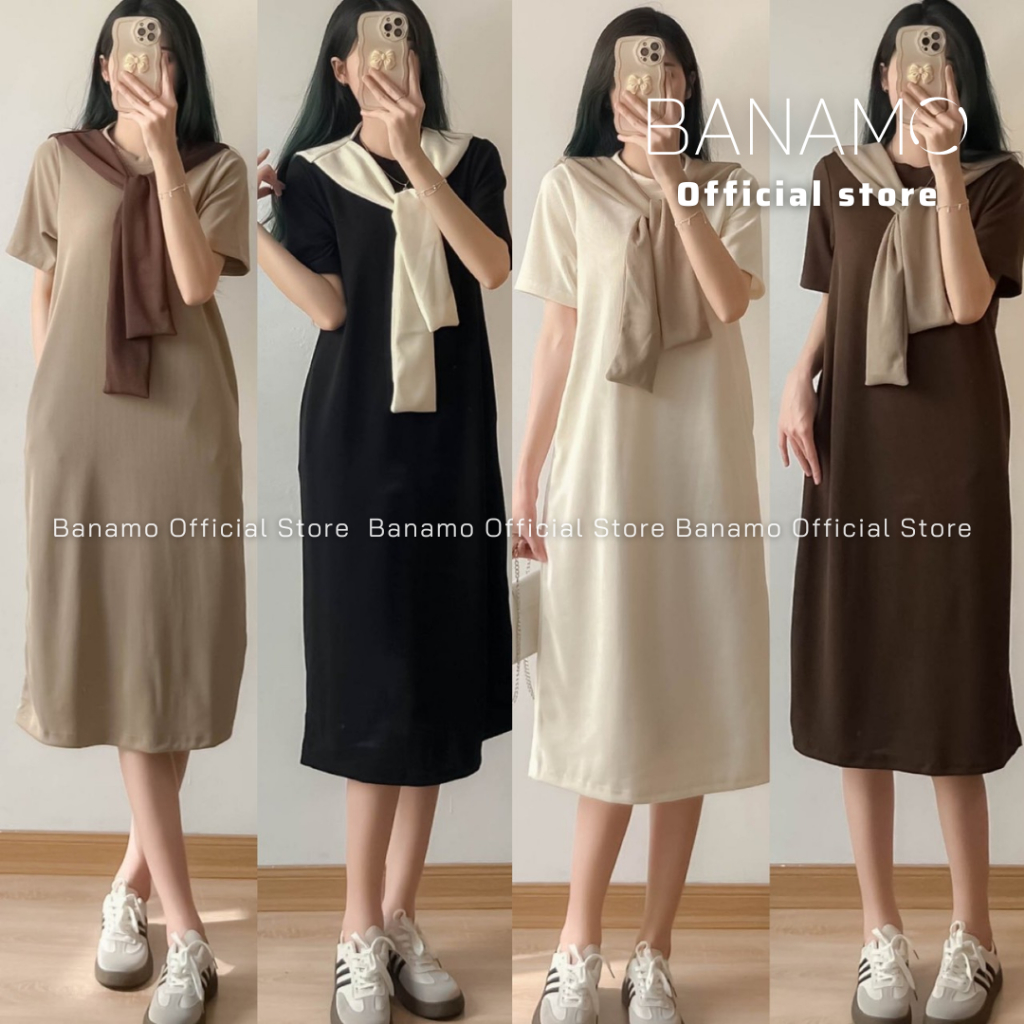 Đầm nữ BIGSIZE Banamo Fashion váy suông polo dáng dài cộc tay mix khăn thuỷ thủ 543 | BigBuy360 - bigbuy360.vn