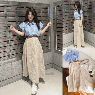 Set áo kaki hồng cổ sơ mi chân váy midi 💕