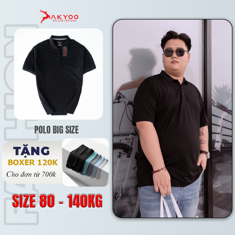 Áo POLO Nam Bigsize 80-140KG AKYOO Cao Cấp Cotton Co Giãn, Thâm Hút Mồ Hôi, Áo Polo Bigsize - PL DEN THEU