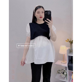 Áo bầu cộc tay đen phối sơ mi trắng B67