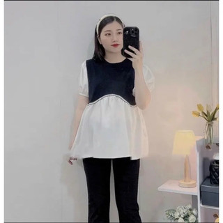 Áo bầu cộc tay đen phối sơ mi trắng B67