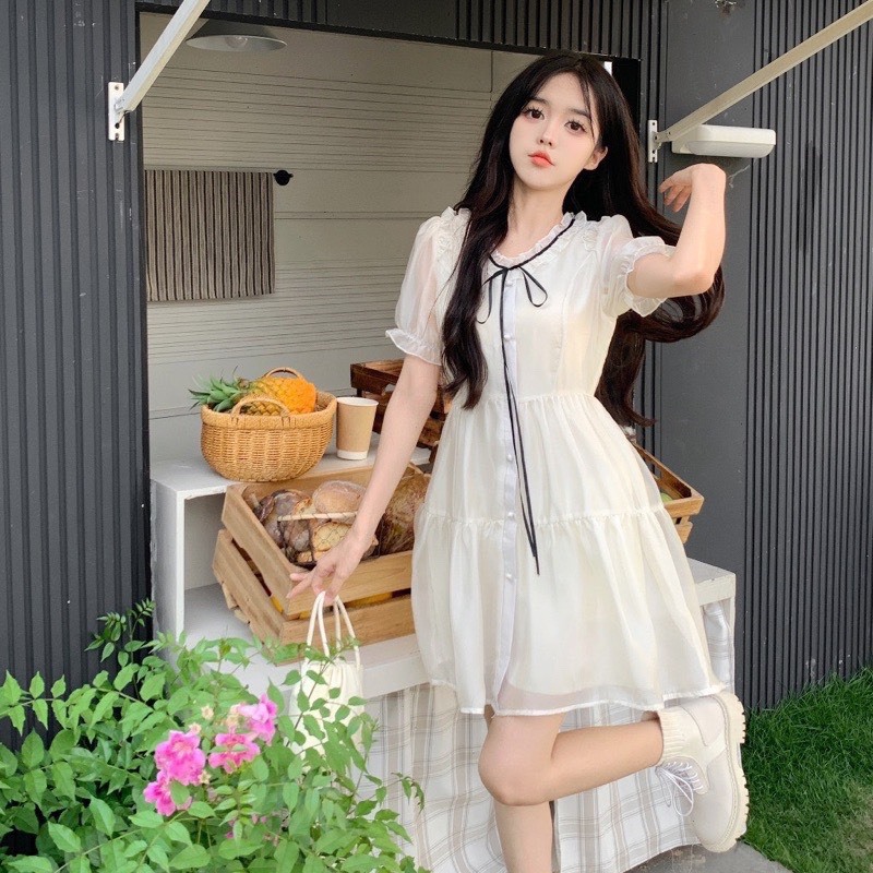 Váy kiểu nữ tiểu thư váy babydoll voan tơ 2 lớp cổ phối đầm nơ xinh xắn đầm công chúa bèo tầng nữ tính V63 SUTANO | BigBuy360 - bigbuy360.vn