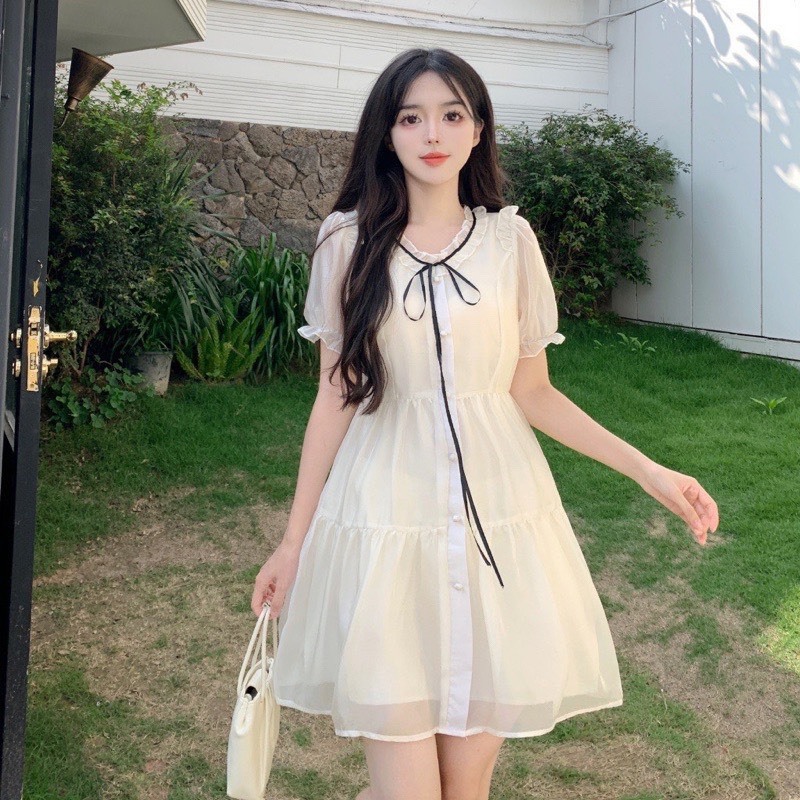 Váy kiểu nữ tiểu thư váy babydoll voan tơ 2 lớp cổ phối đầm nơ xinh xắn đầm công chúa bèo tầng nữ tính V63 SUTANO | BigBuy360 - bigbuy360.vn